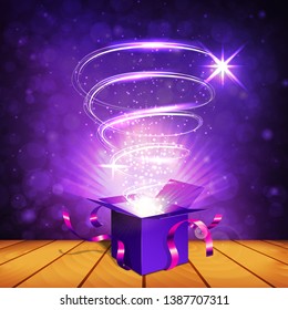 Opened purple gift box with crimson ribbons with magic light rays and emitted luminous spiral on the wooden table and on the purple bokeh background. Concept of magic. Vector illustration