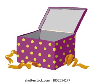 Opened purple gift box with ribbon. Hand drawn vector single illustration. Colorful simple flat element isolated on white. Object for design, print, decor, card, sticker, banner, wrap, advertising.