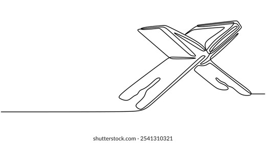 Livro do Alcorão Aberto. Desenho contínuo de uma linha que representa o conceito de religião em estilo minimalista desenhado à mão.