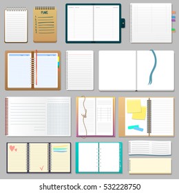 Opened realistic 3d notebook templates vector set. Layout clean white paper print design illustration. School everyday note books