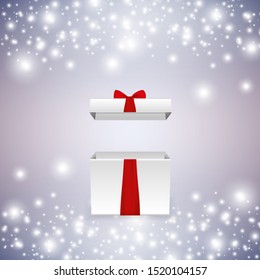 Opened realistic gift box with purple bow and abstract light. Vector illustration.