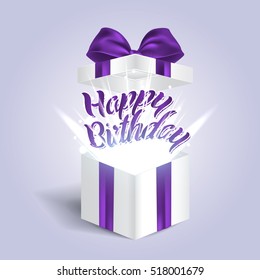 Opened realistic gift box with purple bow and light effects. Happy birthday. Vector illustration.