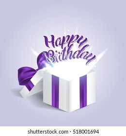 Opened realistic gift box with purple bow and light effects. Happy birthday. Vector illustration.