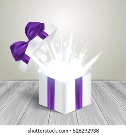 Opened Realistic Gift Box With Purple Bow And Abstract Light. Vector Illustration.