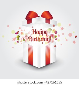 Opened realistic gift box with red bow and confetti. Vector illustration
