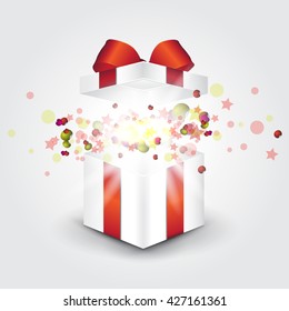 Opened realistic gift box with red bow and confetti. Vector illustration