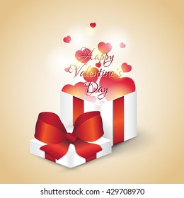 Opened realistic gift box with red bow and hearts. Happy Valentine's day.  Vector illustration