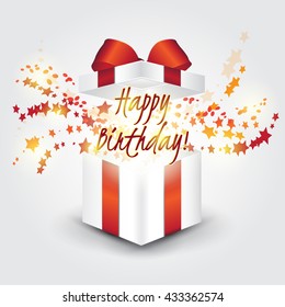 Opened realistic gift box with red bow and confetti. Vector illustration