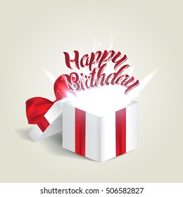 Opened realistic gift box with red bow and abstract light. Happy birthday. Vector illustration