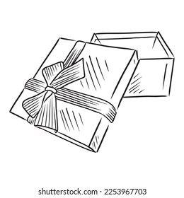Opened realistic gift box with ribbon and bow in black isolated on white background. Hand drawn vector sketch illustration in simple doodle vintage outline line art engraved style. Surprise, birthday