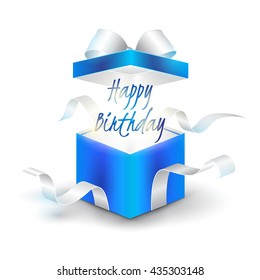 Opened realistic gift box with white bow. Happy birthday. Vector illustration