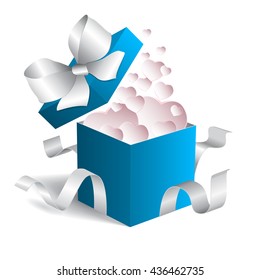 Opened realistic gift box with white bow and hearts.  Vector illustration