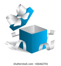 Opened realistic gift box with white bow. Vector illustration
