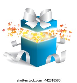 Opened realistic gift box with white bow and confetti. Vector illustration