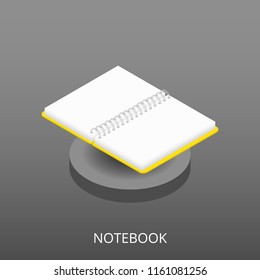 Opened realistic notebook on grey background. Isometric icon, vector illustration of a spiral notepad. For school, work, office of education
