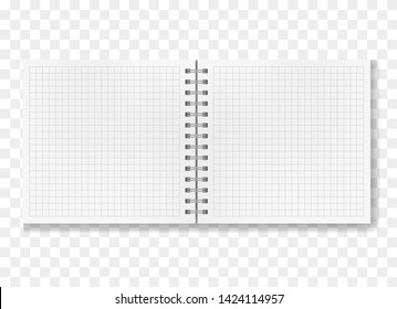 Opened realistic square quad ruled notebook on spiral binder mockup, school notepad blank two page opening. Clear copybook center pages or clean centre page spread with shadow template