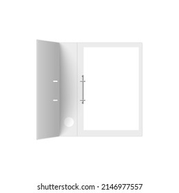 Opened realistic white ring binder for office documents, vector illustration isolated on white background. Empty folder for paper with metal rings, office stationery