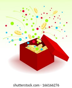 Opened red box with gold coins and flying confetti.