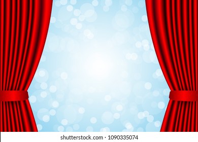 Opened red curtain and heavenly blue bright sky vector graphic design background.