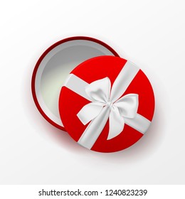 Opened red empty gift box with white ribbon and bow isolated on transparent background. Top view. Template for your presentation design, banner, brochure or poster. Vector illustration.