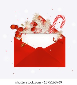 Opened red envelope with Christmas Greeting card.Candy cane, fir branches, red berries, holiday decoration.New year vector illustration.
