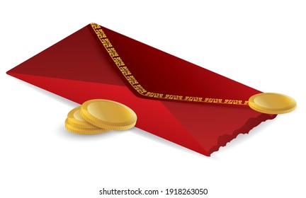 Opened red envelope with some golden coins, for good luck in the Chinese tradition, isolated over white background.