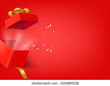 Opened red gift box red banner with copy space