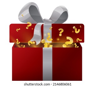 Opened red gift box decorated with silver bow tie with golden question marks inside it.