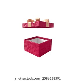 An opened red gift box with a decorative golden bow, showcasing elegant geometric textures, perfect for celebrations, events, or special occasions.