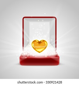 Opened red gift box with gold heart in bright light radiance from inside, with glitters, sparkles and beams. Giving love concept