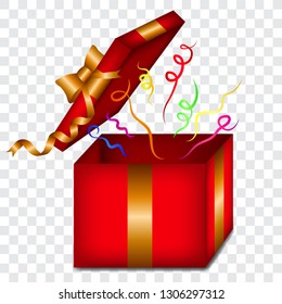 Opened red gift box with golden ribbon and colorful confetti, vector illustration.