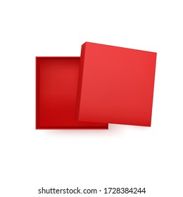 Opened red gift box isolated on white background. Clean realistic template for banner, presentation advertising design. Top view. Vector illustration.