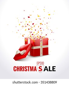 Opened Red Gift Box with ribbon and flying Confetti. Christmas SALE Background. Vector Illustration.