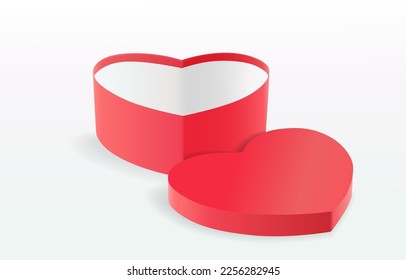 Opened red heart shaped gift box with lid isolated on white background. Isolated realistic gift present view front. Isometric vector illustration