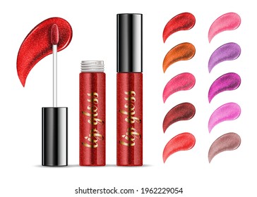 Opened red lip gloss tube. isolated on white. Vector illustration.