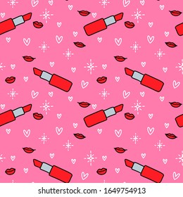 Opened red lipstick tube, lip and heart vector seamless pattern. Pink girly repeat background design for wrapping, packaging or beauty make up product surface decoration.