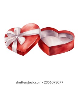 Opened Red Love Shaped Prize Box or Gift Box with White Ribbon Isolated Hand Drawn Watercolor Painting Illustration