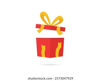 Opened red mystery gift box with a yellow ribbon, birthday celebration