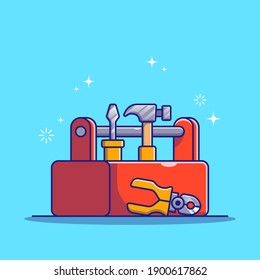 Opened Red Toolbox with Hammer, Screwdriver, and Pliers for Mechanic, Maintenance, Construction, and Plumbing. Tools and Repair Icon Concept. Flat Cartoon Vector Illustration.
