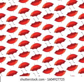 Opened red umbrella with a black handle, seamless pattern. Vector illustration.