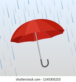 Opened red umbrella protects against rain onthe blue background. Vector illustration
