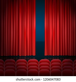 opened red velvet Drapes, cinema ,chairs ,vector illustration