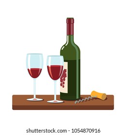 Opened red wine bottle, filled wine glasses and spiral corkscrew standing on a small wooden table. Shiny glass and green bottle. Flat vector illustration isolated on white background