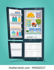 Opened refrigerator. Daily food in container, drink in bottle, egg, vegetable, fruit storage. Space organization to save product freshness in refrigerator. Kitchen home appliance vector illustration
