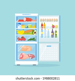Frigorífico abierto con diferentes alimentos saludables. Frigorífico en la cocina, congelador con carne en estanterías. Ilustración del vector