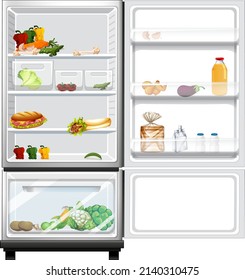 Opened refrigerator with food inside illustration