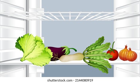 Opened refrigerator with food inside illustration