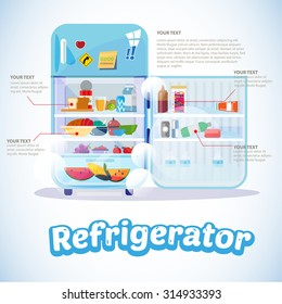 Opened Refrigerator with Full Of Food. infographic - Vector Illustration