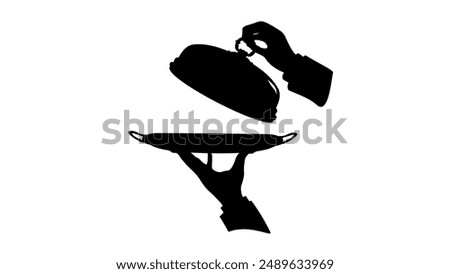 opened restaurant cloche, Dish with lid holding hands, ,black isolated silhouette