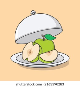 Opened Restaurant Cloche With Green Apple Cartoon Vector Illustration. Fresh Apple Fruit Flat Icon Outline